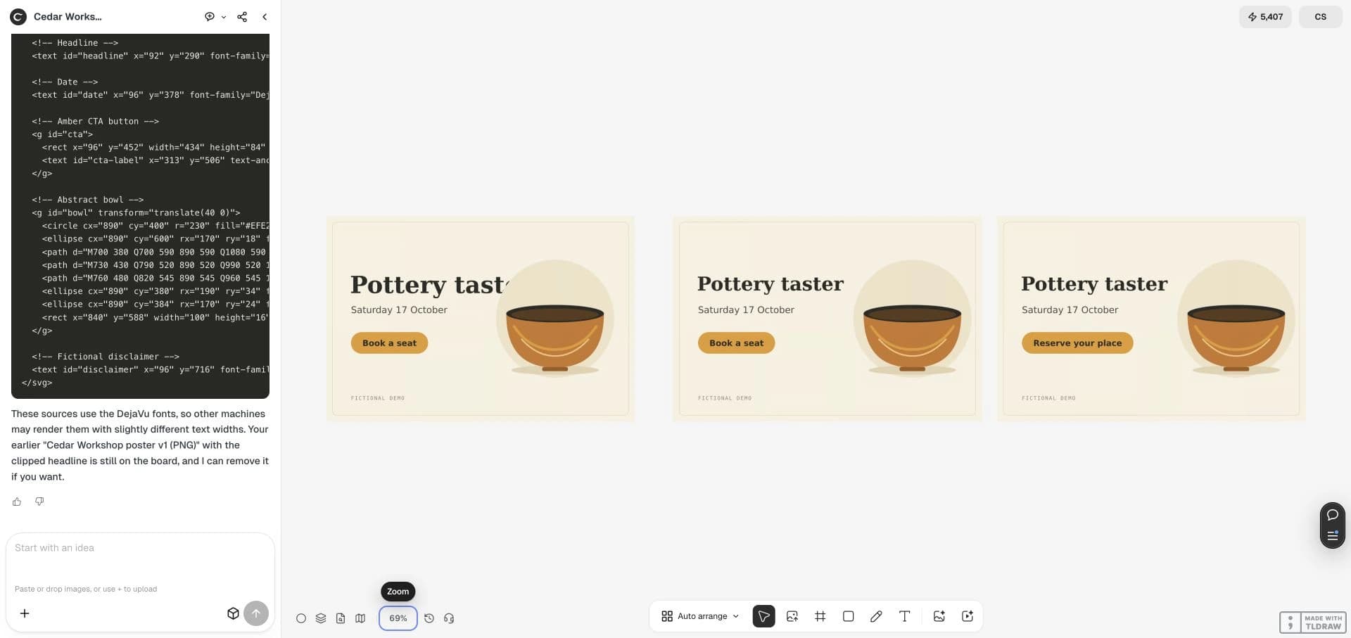 The live canvas retains the failed first proof, fixed baseline, and wider-button revision. The layout adjustment is a documented review exception.