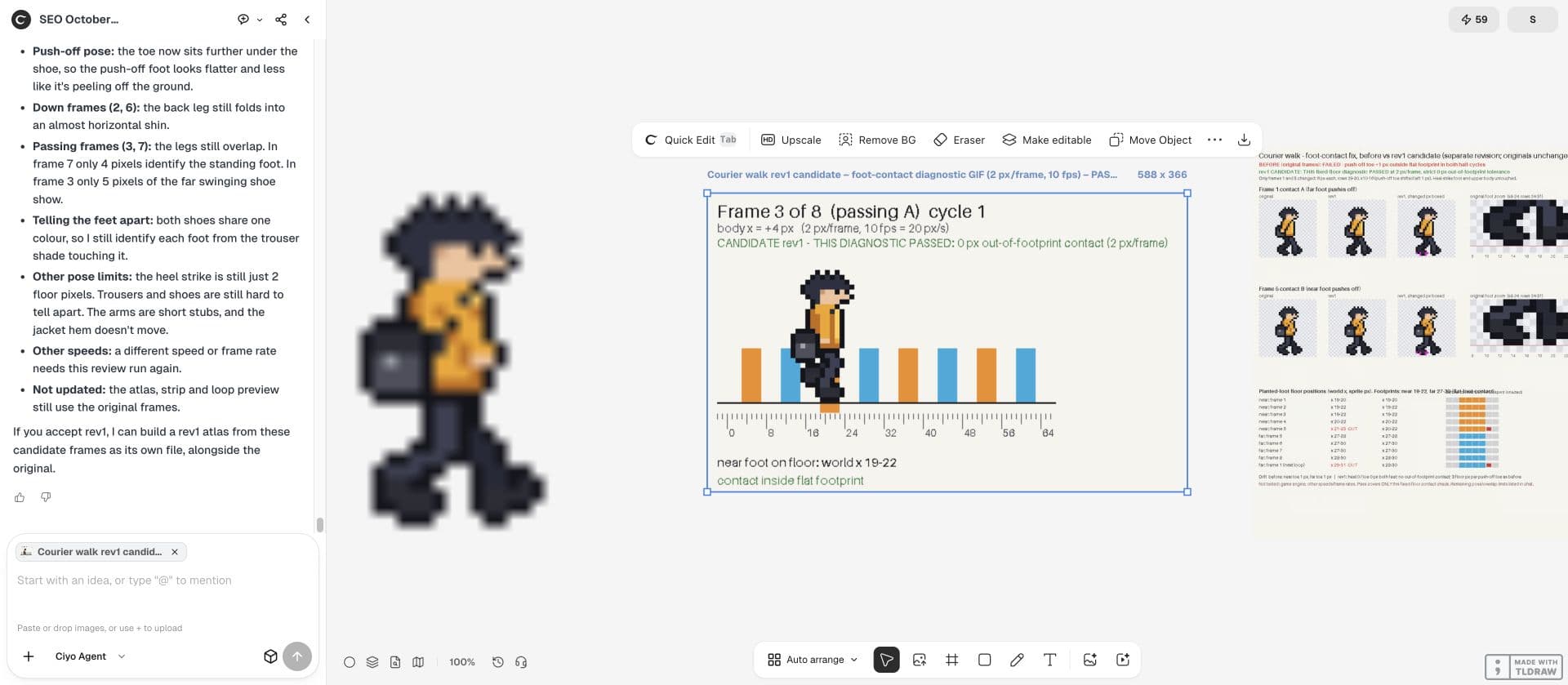 Full Ciyo canvas: Separate rev1 candidate: the agent reports a pass for this contact diagnostic only. The two changed PNGs preserve the grid and palette; the original atlas still contains the failed poses.
