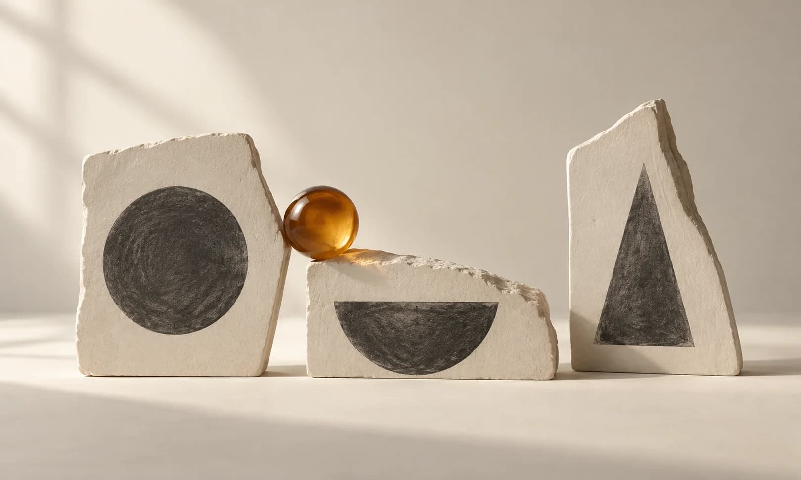 Three separated ivory ceramic panels with a different simple charcoal shape resting on each and a single amber accent connecting the composition