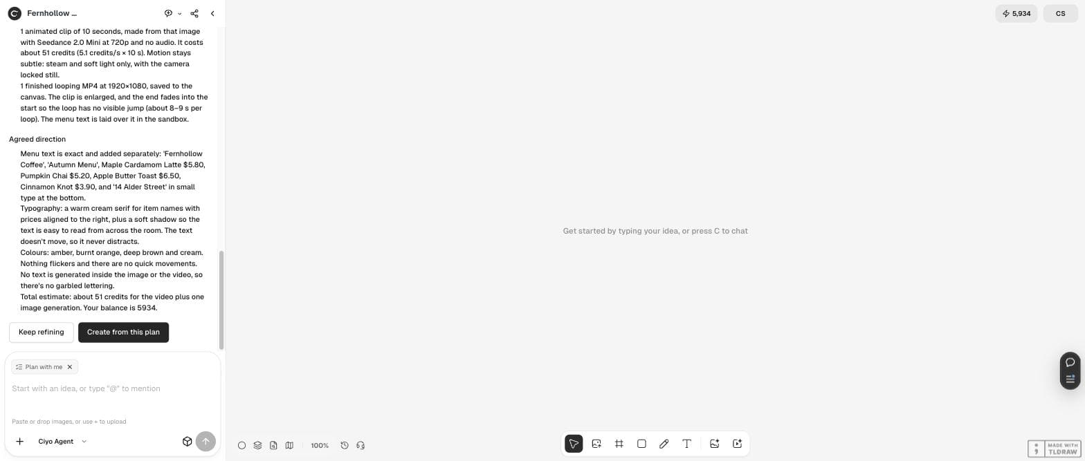 The Ciyo agent's plan listing the background, the 10-second clip at about 51 credits, the looping MP4, the menu text and typography, with a Create from this plan button