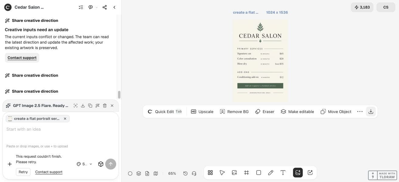 Full Ciyo viewport showing the observed Cedar Salon rate card output and run state