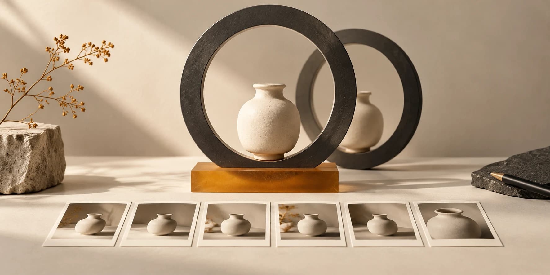 Ivory vessels framed by charcoal rings on an amber base