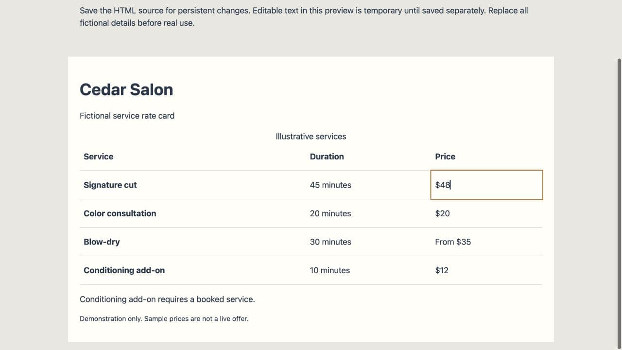 External HTML review exercise: Signature cut changes to $48, while its 45-minute duration and the other approved sample fields remain unchanged. The saved original template still begins at $45.