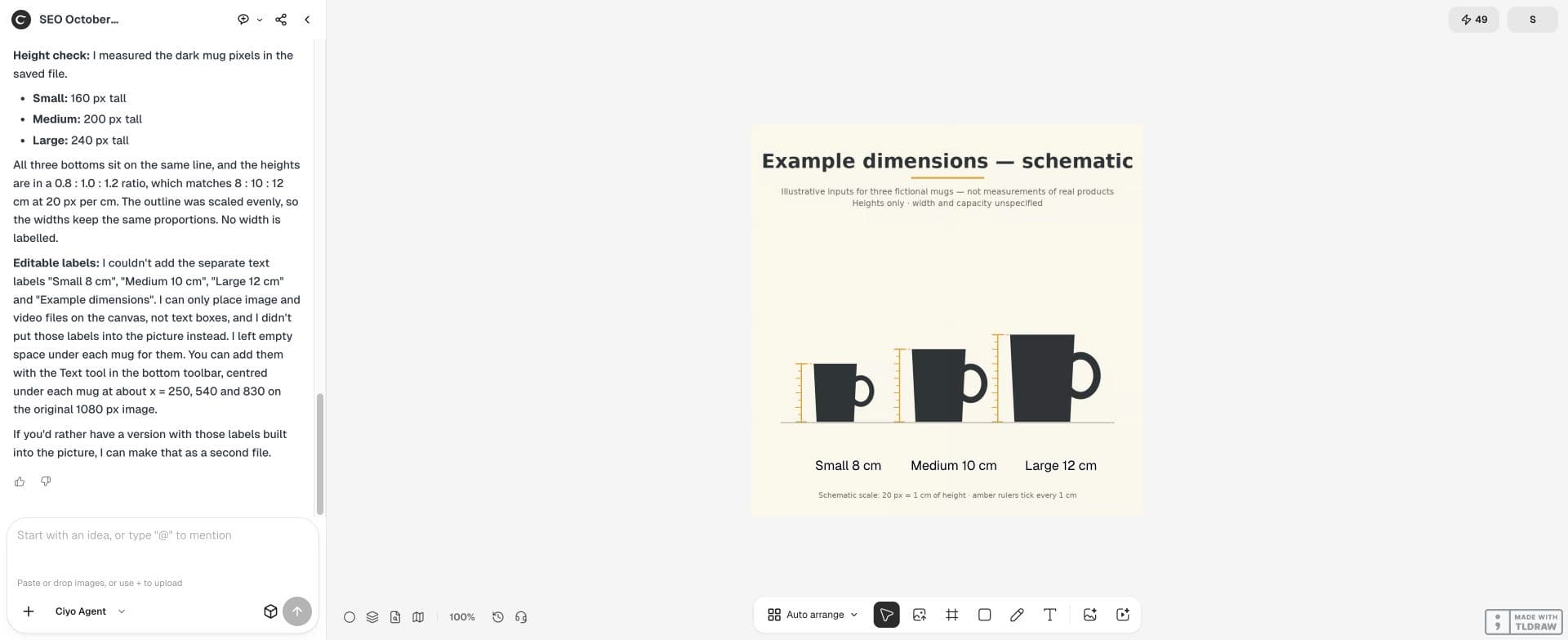 Full Ciyo canvas: The actual 1080 × 1080 schematic uses silhouette heights of 160, 200 and 240 pixels on a common baseline. The labels remain example dimensions, not measured product facts.