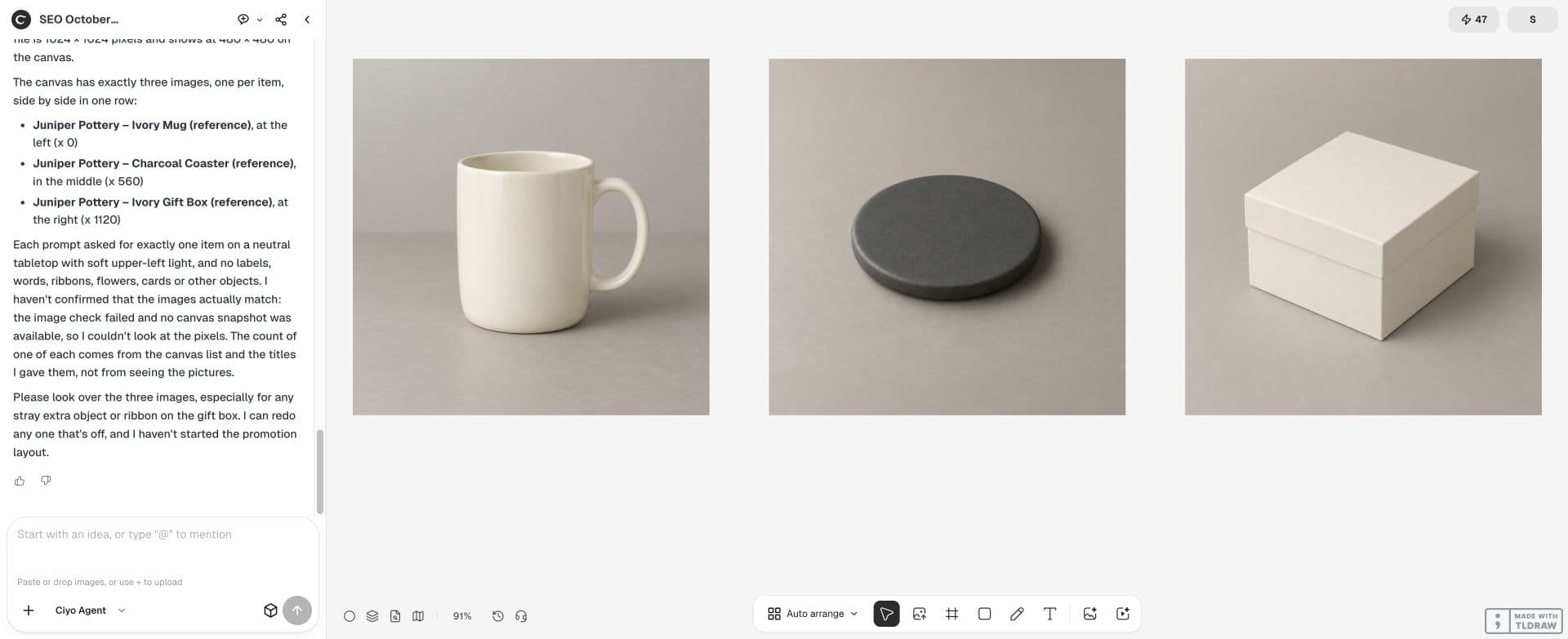Full Ciyo canvas: The three separate source images show one fictional mug, one coaster and one box. They are AI-generated tutorial references; real sales images need verified photographs of the actual included SKUs.