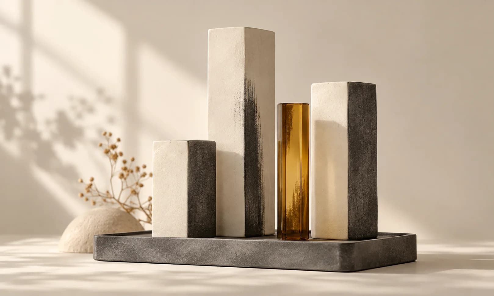 Four ivory and graphite rectangular ceramic columns rising at distinct heights on a low tray, one slender amber column, no marks or numbers