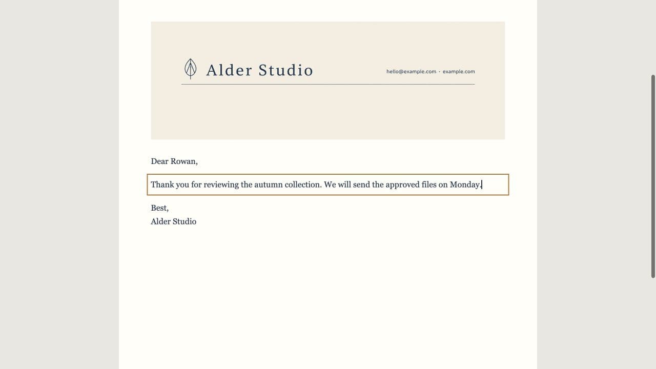 External HTML finishing step: the body now says Monday while the original Ciyo header is unchanged. This is a live-text browser edit, not a native Ciyo document export.