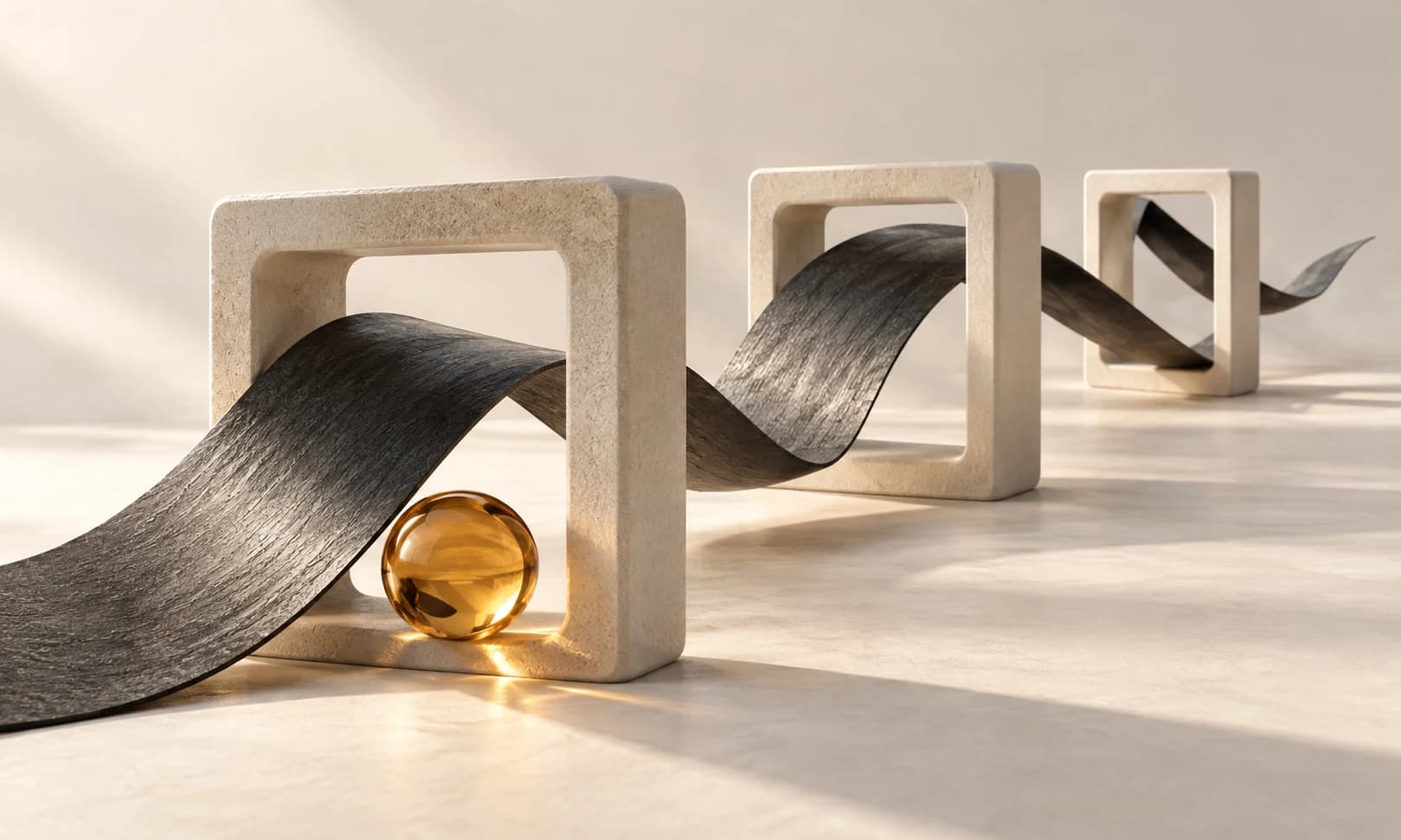Ivory sculptural frames joined by a flowing charcoal ribbon, with a small amber glass sphere.