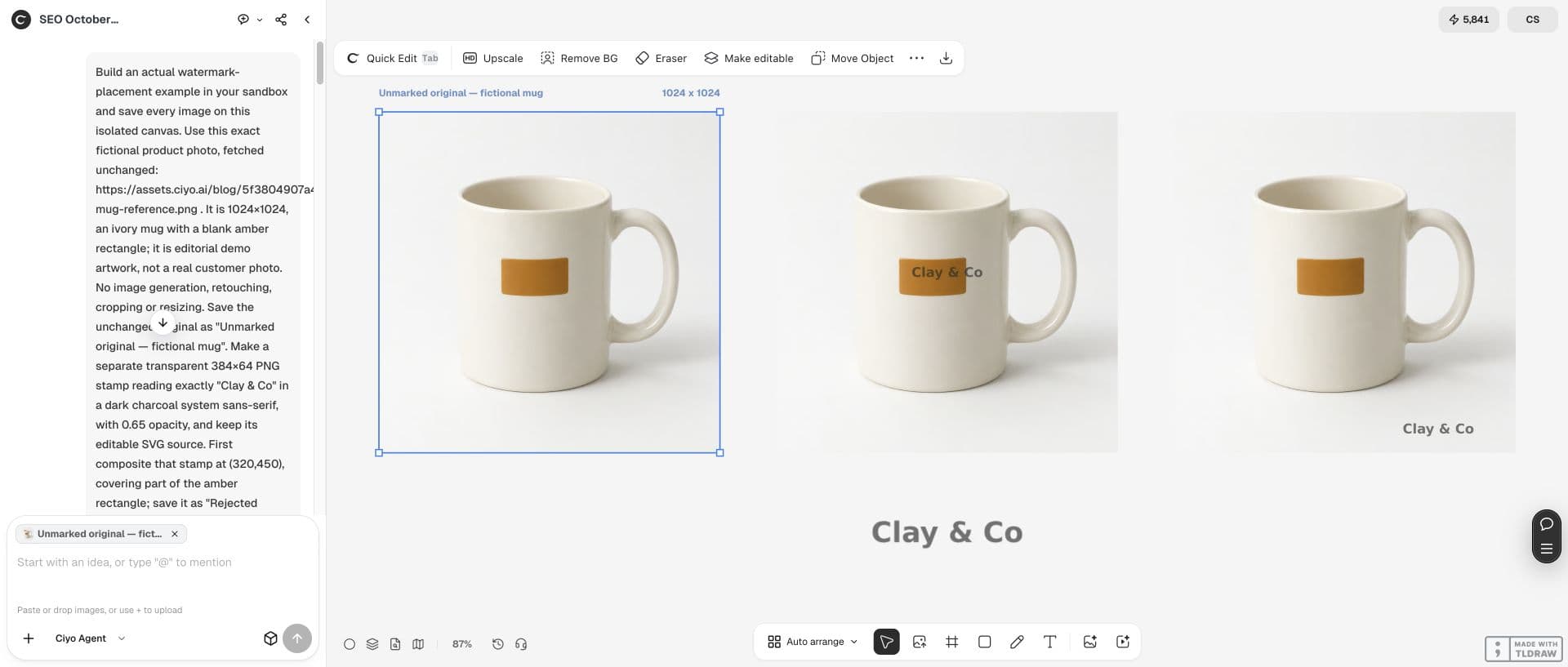 Full Ciyo canvas: The unchanged original is selected beside the two composites. The input brief identifies the mug as fictional editorial artwork.