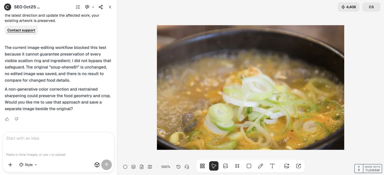Ciyo reports that the exact-preservation image edit was blocked and the original soup remains unchanged
