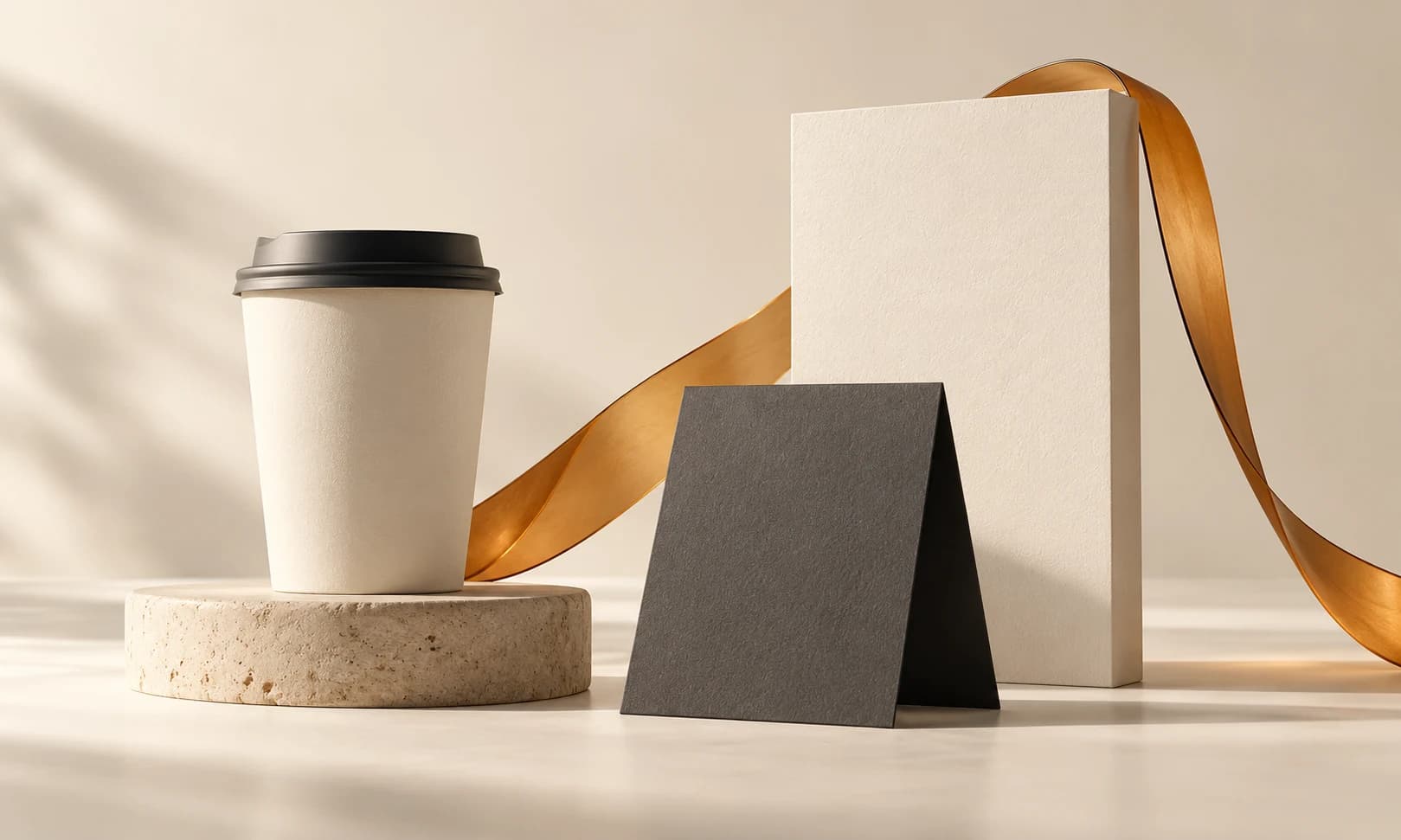 A matte cup, folded menu-like planes and an amber accent arranged on warm ivory.