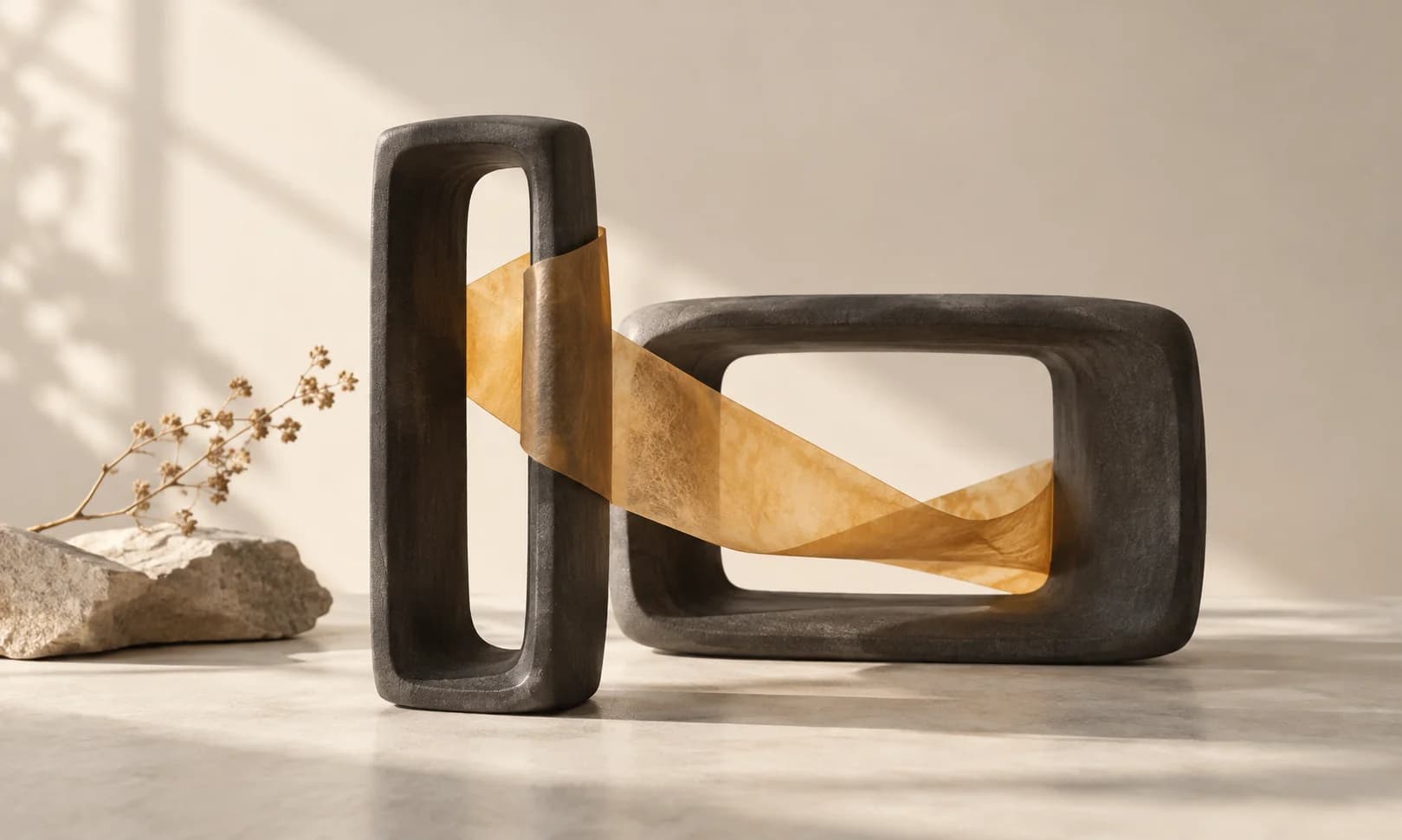 Two nested open charcoal ceramic frames, a tall narrow frame in front of a wide one, linked by a folded amber paper strip