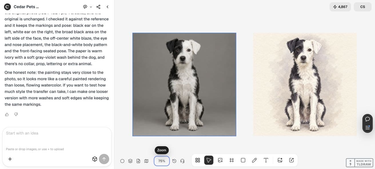 Synthetic terrier photo and watercolor-style portrait side by side in Ciyo