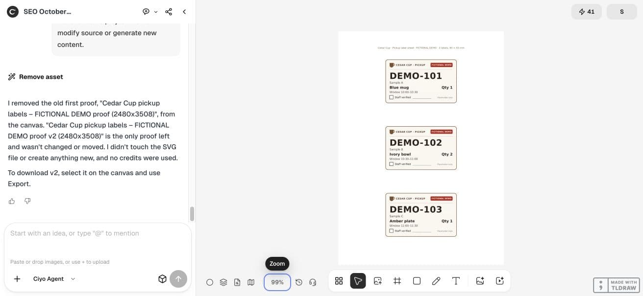 Full Ciyo canvas showing the corrected three-label pickup sheet