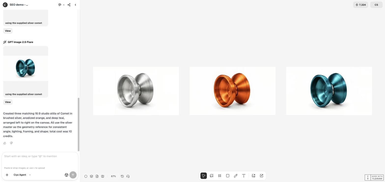 Ciyo canvas with three matching studio photos of the Comet yo-yo in silver, orange and teal; the agent panel says all three use the silver master as the geometry reference and cost 10 credits