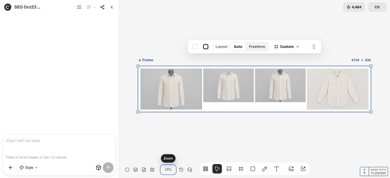 A clean Ciyo canvas shows the source, ghost-mannequin edit, wrinkle edit and flat-lay concept.