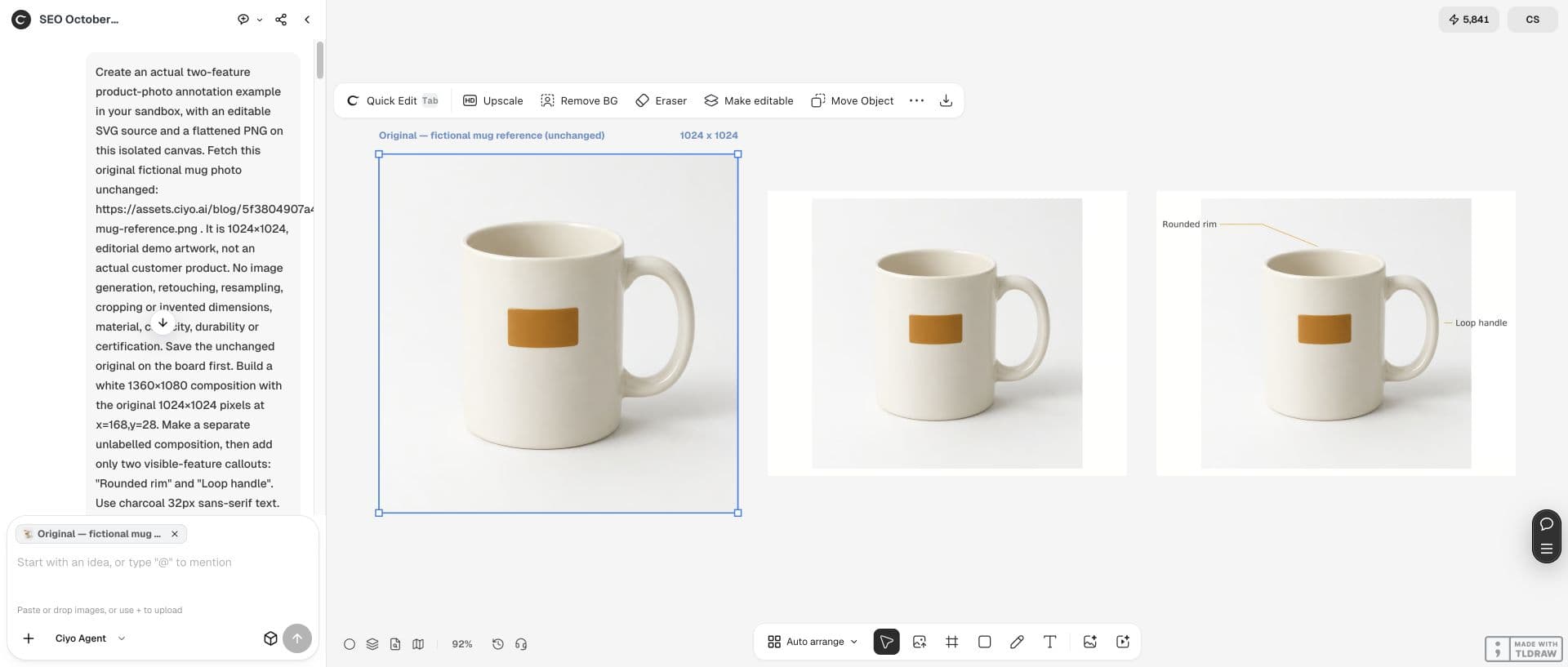 Full Ciyo canvas: The unchanged fictional mug is selected; the input brief asks for two visible-feature labels and forbids invented specifications.