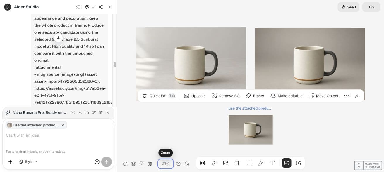 The Ciyo canvas contains the original and two separately generated mug edits.
