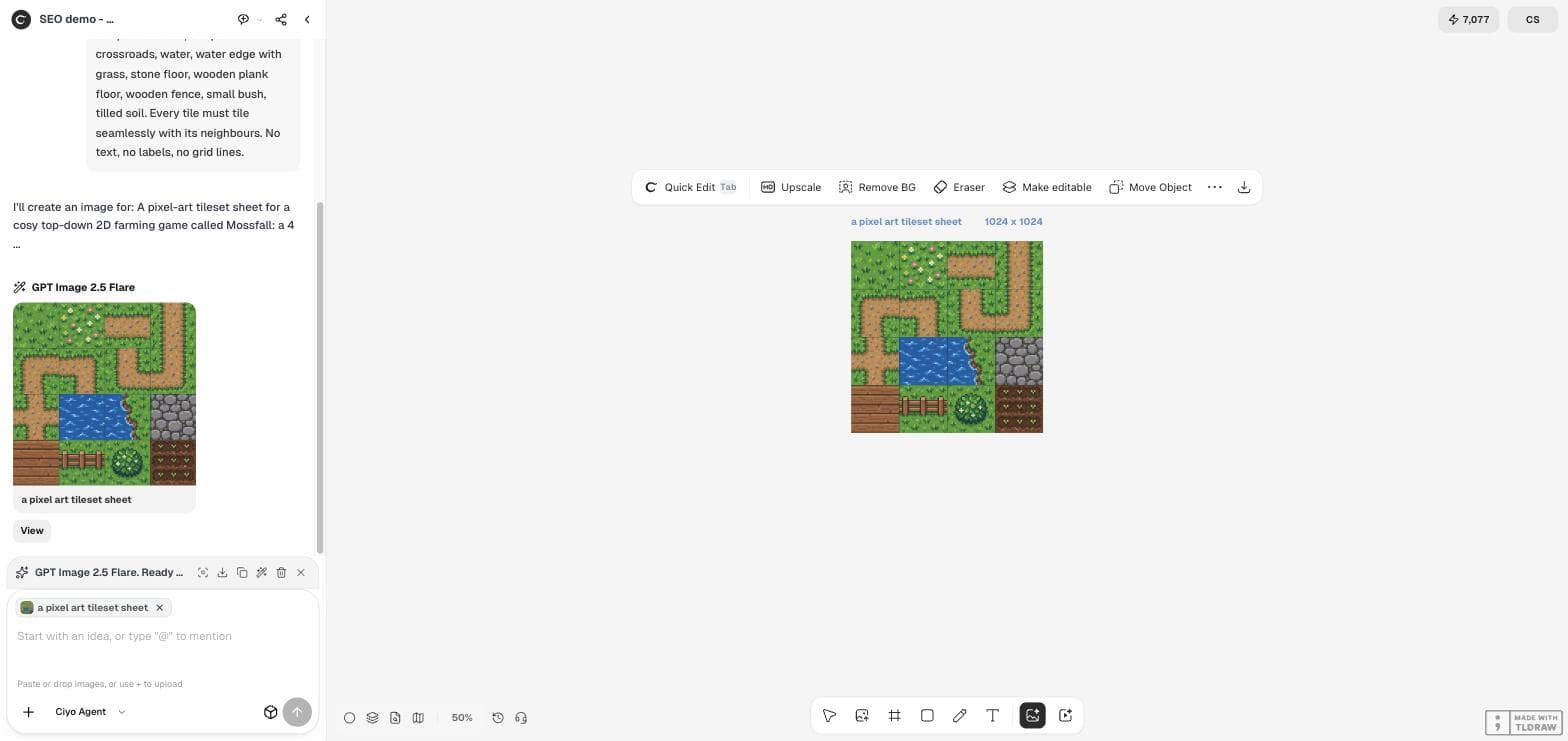 Ciyo canvas with the generated 4 by 4 pixel-art tileset: grass, flowers, dirt paths, water, stone, planks, fence, bush and soil