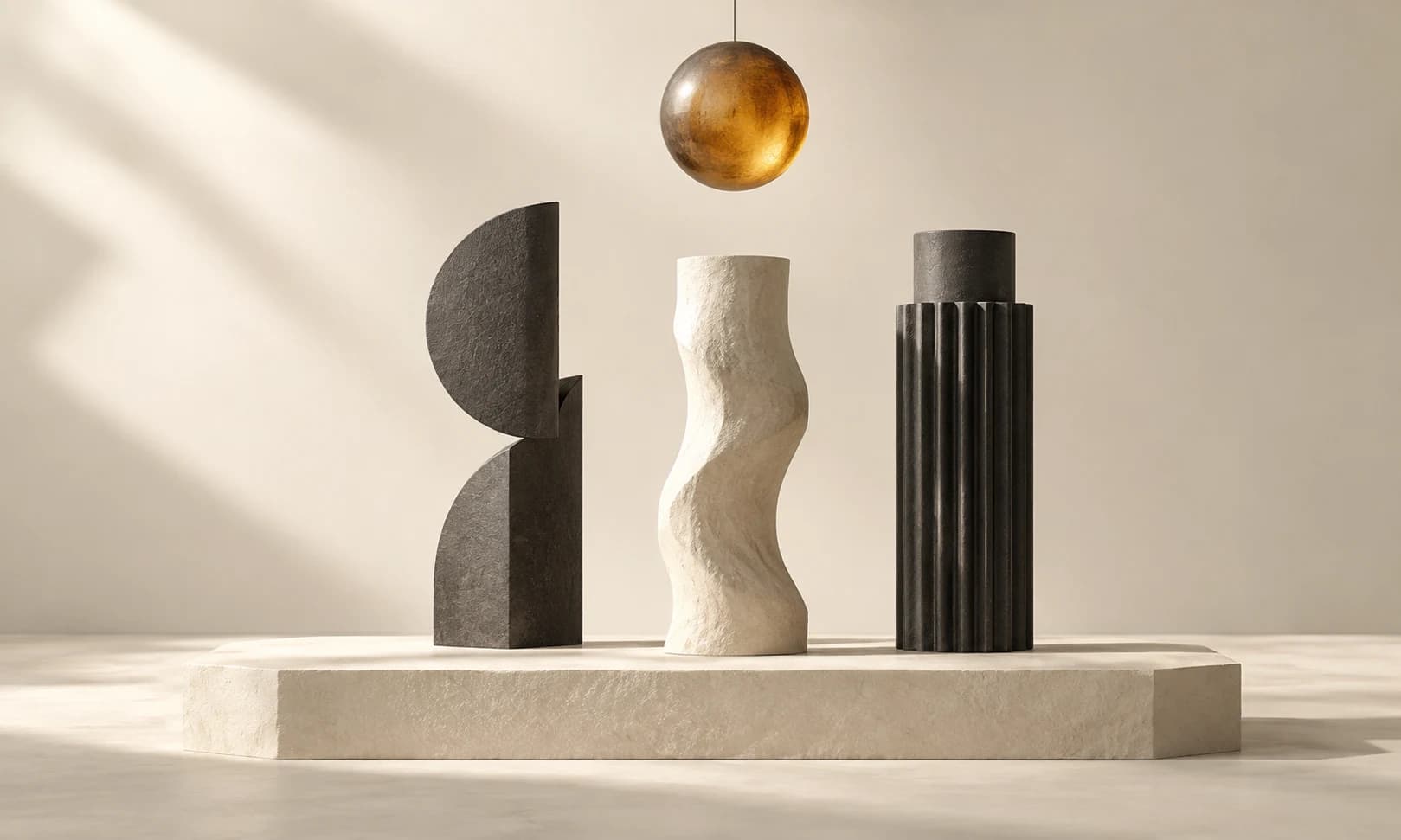 Three charcoal and ivory sculptural columns on a pale plinth below an amber sphere