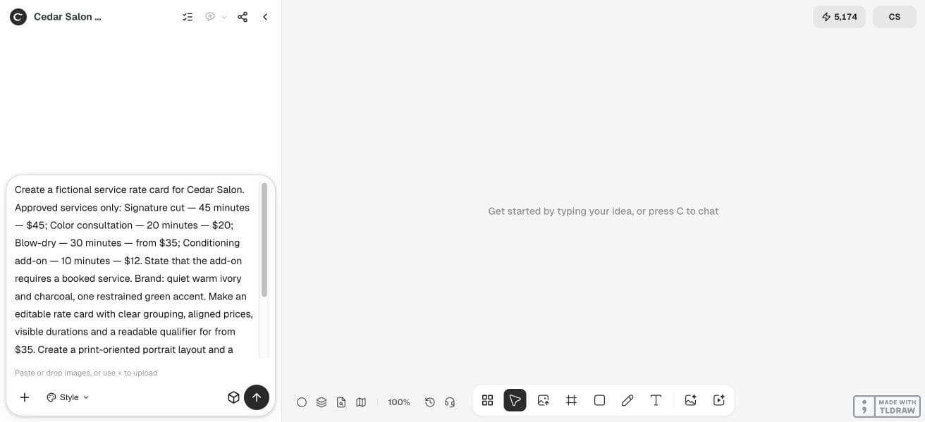 Full Ciyo viewport with the fictional Cedar Salon rate card input brief