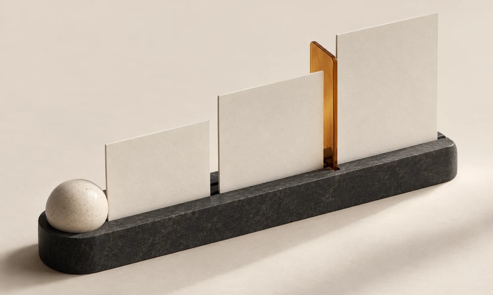 Parallel charcoal bars and amber blocks arranged like a clean rate card on ivory.