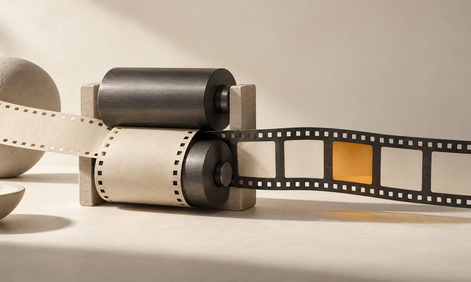 Perforated ivory paper feeding between graphite rollers and coming out as a strip of charcoal film frames, one frame amber