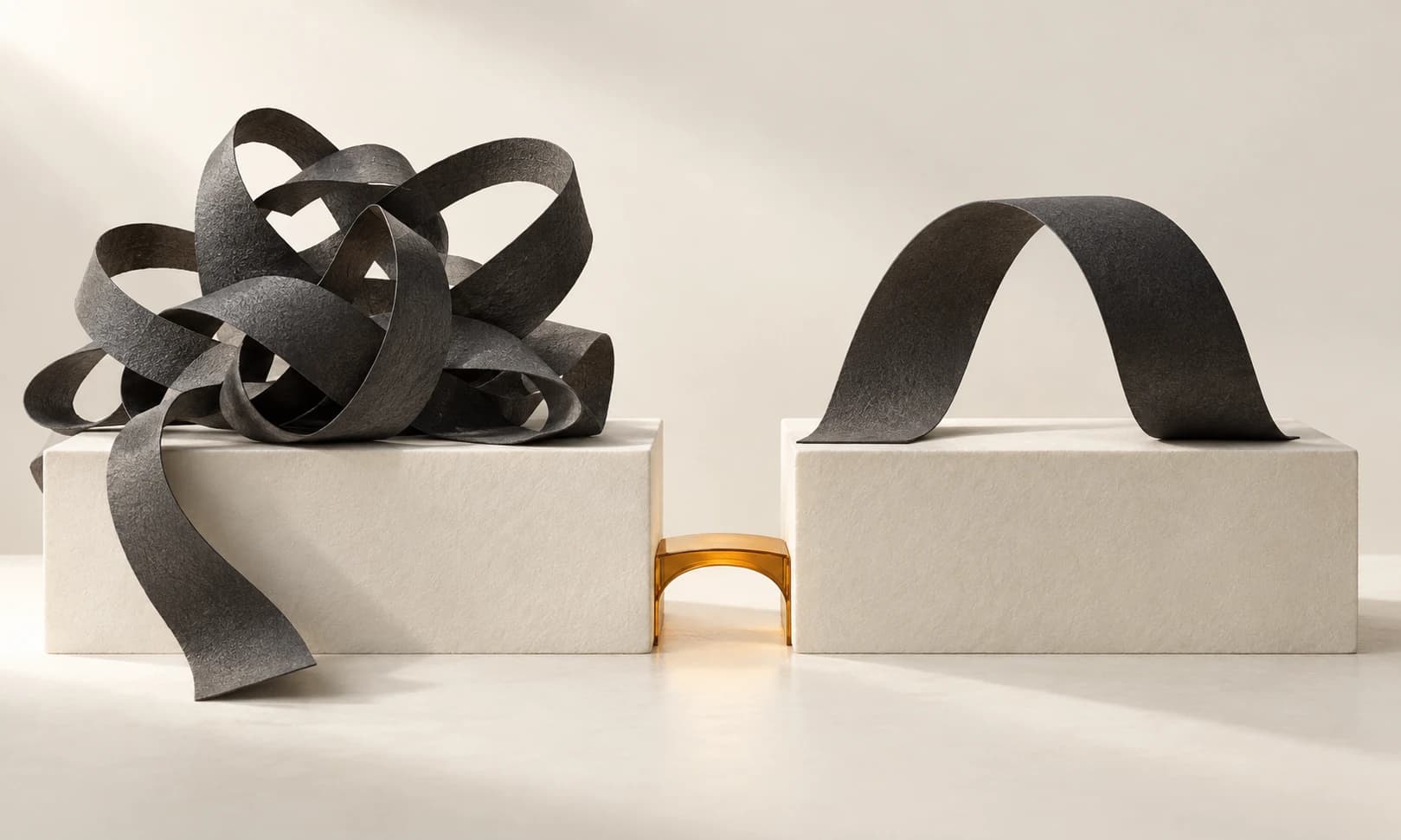 A tangled charcoal ribbon and a neatly folded curve on matching ivory blocks