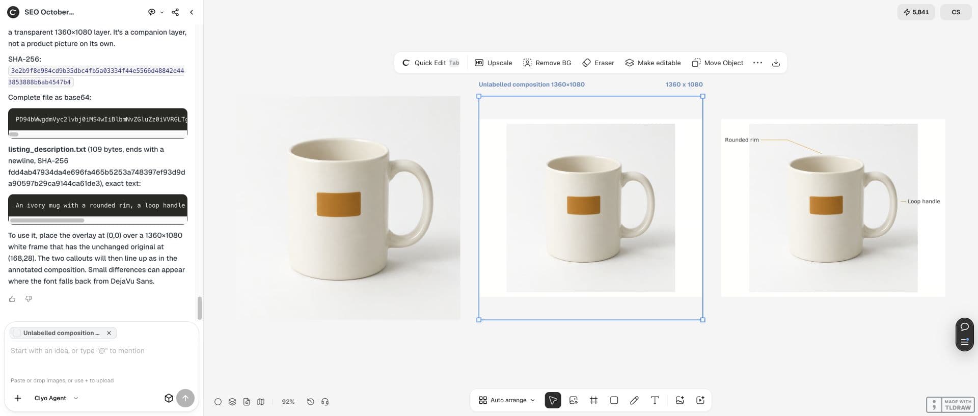 Full Ciyo canvas: The unlabelled 1360×1080 layout is selected beside the original and annotated version. The source photo was placed without resampling.