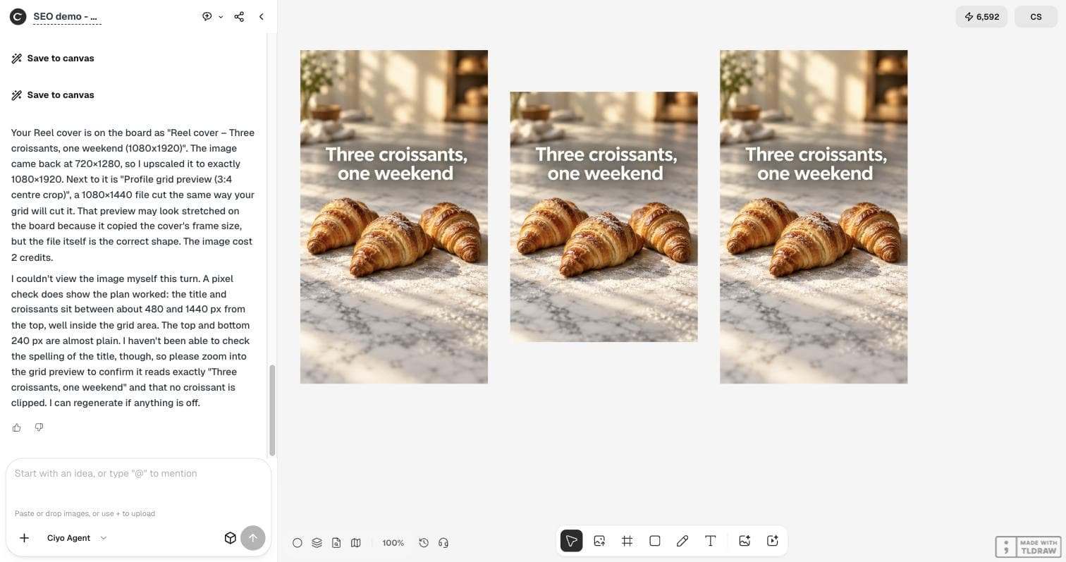 The Ciyo canvas with a Reel cover of three croissants and the title Three croissants, one weekend, next to its 3:4 grid preview
