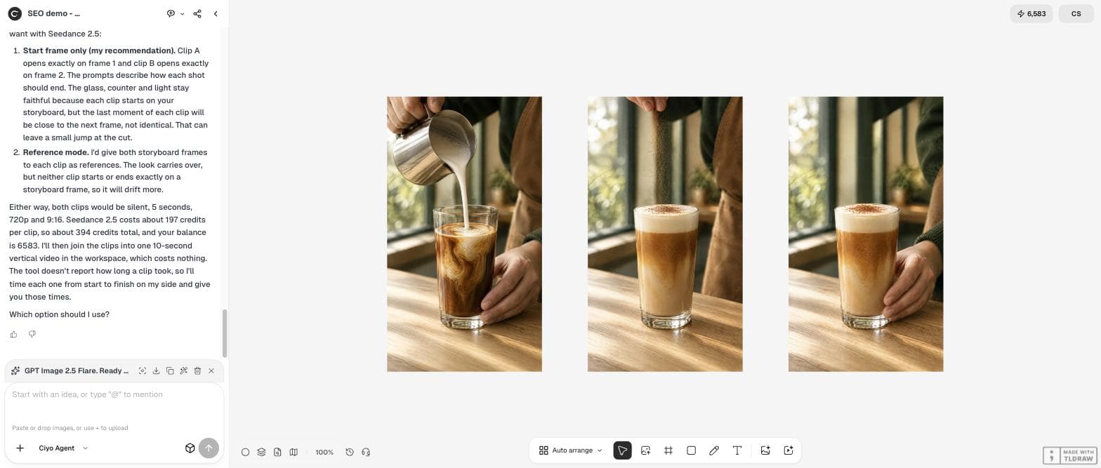 The Ciyo agent panel explaining that its video tool has no end-frame input and offering start-frame-only or reference mode