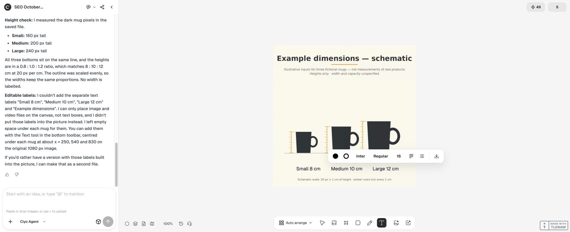 Full Ciyo canvas: The agent draws the schematic in its workspace. The three dimension labels are then added manually as native editable text with Ciyo’s Text tool.